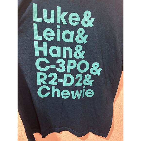NWT Disney Parks Star Wars Luke Leia Han C-3P0 R2-D2 Chewie Blue Turquoise Tee L - Picture 2 of 4